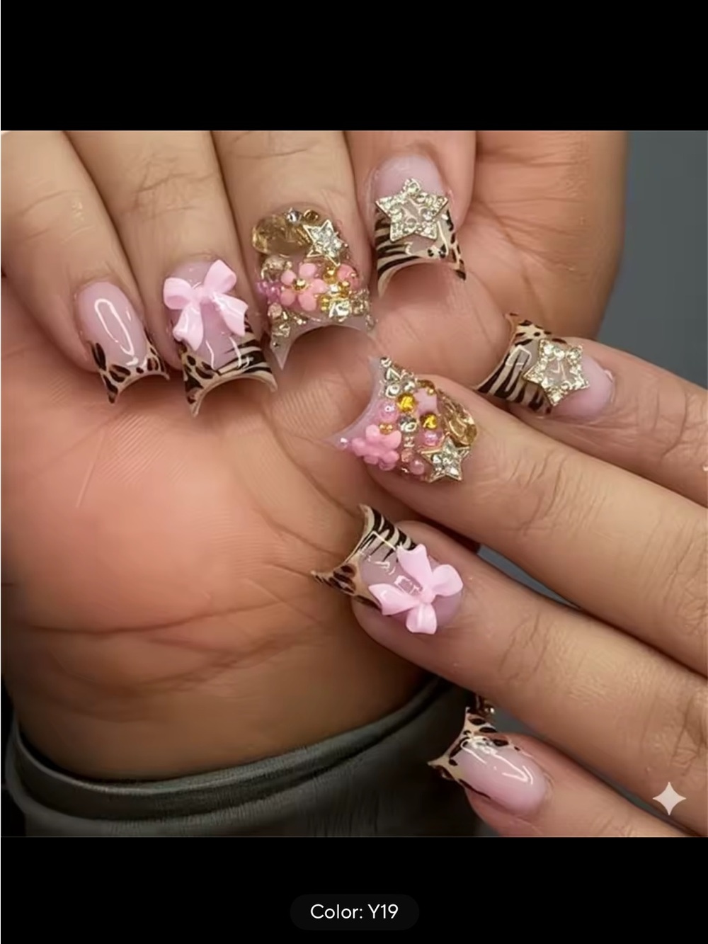 Pink Leopard-Accent 3D Bow & Jewel Acrylic Nails